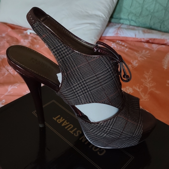 Colin Stuart VS Burgundy Plaid Slingback Peep Toe Heels - Picture 9 of 10